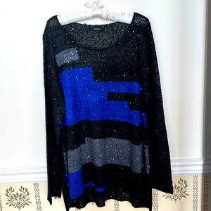 Alfani Sweater Lightweight Subtle Sequins L Black Royal Blue Stretch Pullover